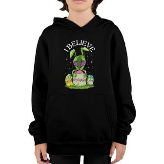 I Believe Bunny Rabbit Alien Easter Egg Hunting Funny Youth Hoodie | Mazezy