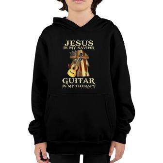 Jesus Is My Savior Guitar Is My Therapy Christian Cross And Guitar Usa Flag In Background Vintage Youth Hoodie | Mazezy