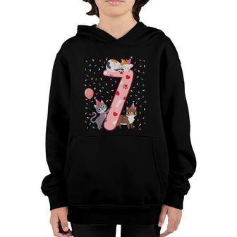 Kids 7Th Birthday Girl Cute Cat Outfit 7 Years Old Bday Party Youth Hoodie - Seseable