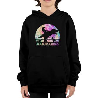 Mamasaurus Tie Dye Sunset Funny Dinosaur Mother Of 3 Kids Youth Hoodie | Mazezy