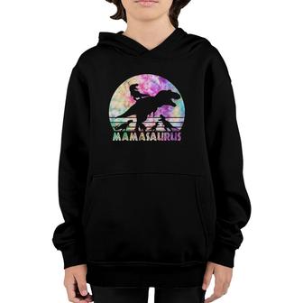 Mamasaurus Tie Dye Sunset Funny Dinosaur Mother Of 4 Kids Youth Hoodie | Mazezy