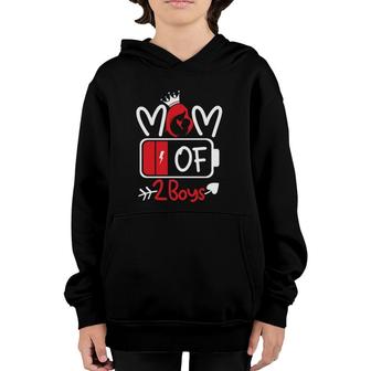 Mom Of 2 Boys Low Battery Tired Mom Crown Heart Mom Life Gift For Mother's Day Youth Hoodie | Mazezy