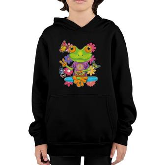 Peace Hand Sign Hippie Retro Trippy Colorful Frog 60S 70S Youth Hoodie | Mazezy