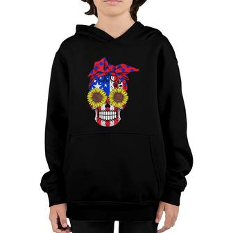 Skull American Flag July 4 Tee Sunflower Floral Flowers Youth Hoodie | Mazezy