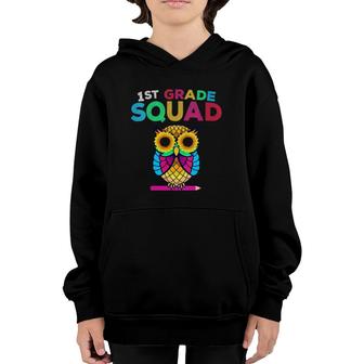 Womens 1St Grade Squad Sunflower Owl First Grade Teacher Youth Hoodie | Mazezy