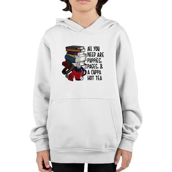 Book Reader Puppies Pages And Hot Tea Reading Library Youth Hoodie | Mazezy