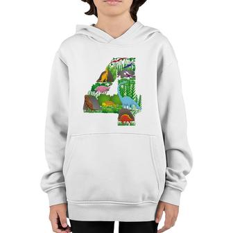 Dinosaurs Jungle Scene Fourth Birthday Number Four Youth Hoodie | Mazezy