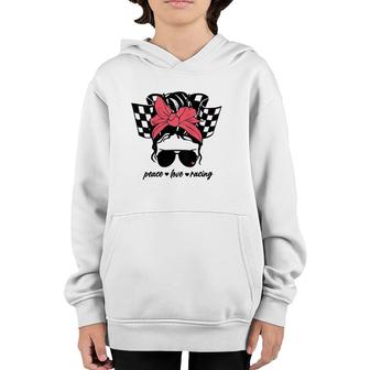 Dirt Track Racing Race Car Checkered Flag Peace Love Racing Youth Hoodie | Mazezy