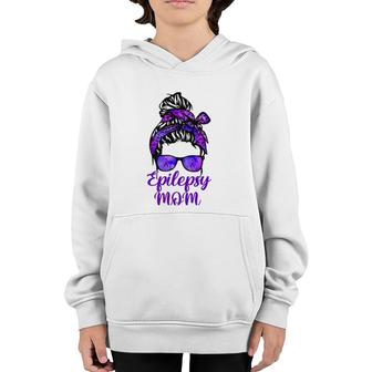 Epilepsy Mom Messy Bun Hair Glasses Bandana Purple Ribbon Youth Hoodie | Mazezy