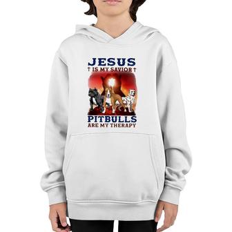 Jesus Is My Savior Pitbulls Are My Therapy Cross Youth Hoodie | Mazezy
