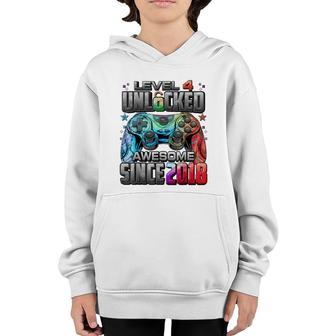 Level 4 Unlocked Awesome Since 2018 4Th Birthday Gaming Youth Hoodie - Seseable