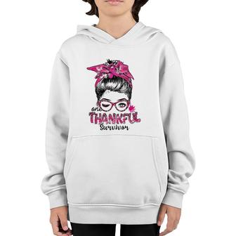 Messy Bun Mom One Thankful Survivor Breast Cancer Awareness Youth Hoodie | Mazezy