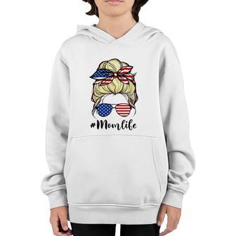 Messy Hair Woman Bun American Mom Life 4Th Of July Blond Youth Hoodie | Mazezy