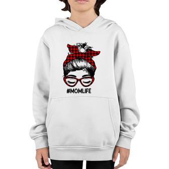Mom Life Mother's Day Messy Bun Glasses Buffalo Plaid Bandana Youth Hoodie | Mazezy