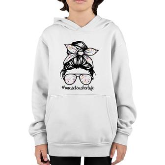 Music Teacher Messy Bun Life Hair Glasses Musical Notes Youth Hoodie | Mazezy