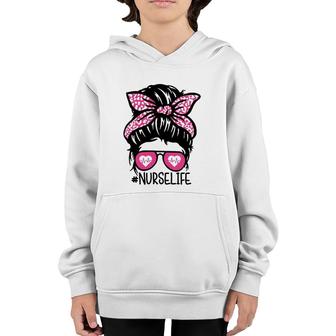 Nurse Life Gift Nurse Week Messy Bun Heartbeat Sunglasses Pink Bandana Youth Hoodie | Mazezy