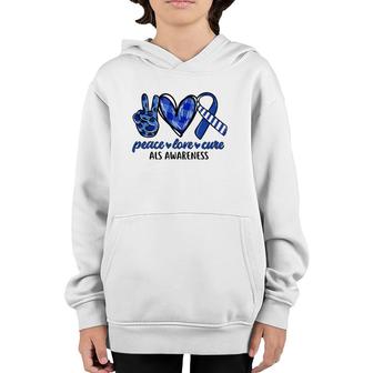 Peace Love Cure Blue & White Ribbon Als Awareness Month Youth Hoodie | Mazezy