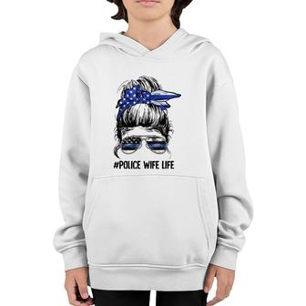 Police Wife Life Messy Bun Thin Blue Line Back The Blue Youth Hoodie | Mazezy