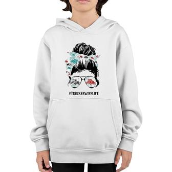 Trucker Wife Funny Messy Bun Hair Glasses Mothers Day Youth Hoodie | Mazezy