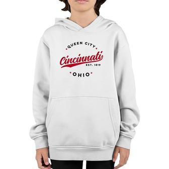Vintage Cincinnati Ohio Queen City Red Text Youth Hoodie | Mazezy