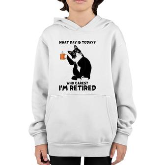 What Day Is Today Who Cares I'm Retired Cat Lover Coffee Youth Hoodie | Mazezy