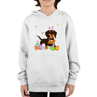 Womens Dog Mom Gift Cute Bunny Dachshund Eggs Easter Day Youth Hoodie | Mazezy
