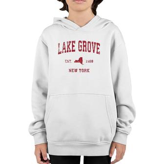 Womens Lake Grove New York Ny Vintage Sports Design Red Print Youth Hoodie | Mazezy