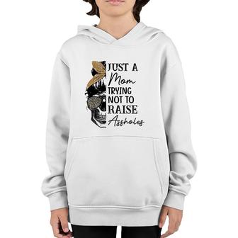 Womens Mom Leopard Just A Mom Trying Not To Raise Assholes Youth Hoodie | Mazezy