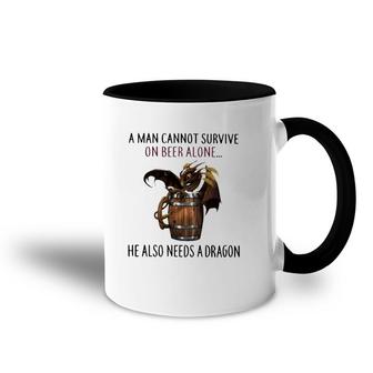 A Man Cannot Survive On Beer Alone He Also Needs A Dragon Joke Accent Mug | Mazezy
