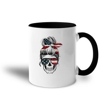 American Flag Skull Lady With Hair Bow And Glasses Flag Accent Mug | Mazezy