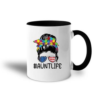 Aunt Life Autism Awareness Mother's Day Auntie Messy Bun Accent Mug | Mazezy