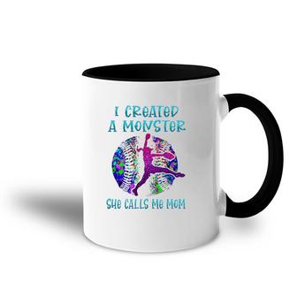 Baseball Softball Pitcher Mother's Day I Created A Monster She Calls Me Mom Player Silhouette Colorful Paint Splash Ball Accent Mug | Mazezy