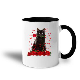 Black Cat Biting Rose Hearts Valentine's Day Animal Pet Accent Mug | Mazezy