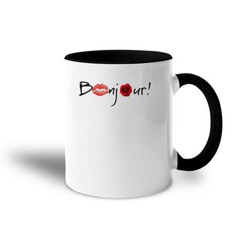 Bonjour Graphic With Lips And Rose Images Accent Mug | Mazezy