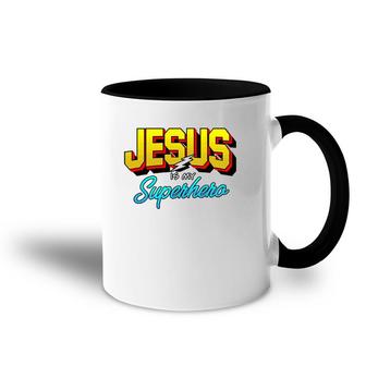 Cute Powerful Christian I Jesus Is My Superhero Accent Mug | Mazezy CA