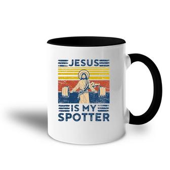 Funny Gym Jesus Is My Spotter Funny Workout Jesus Accent Mug | Mazezy
