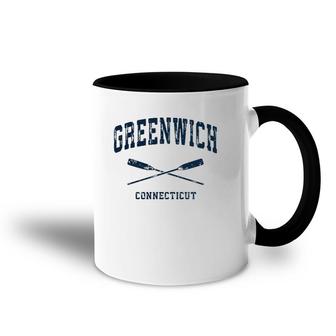 Greenwich Connecticut Vintage Nautical Crossed Oars Navy Accent Mug | Mazezy