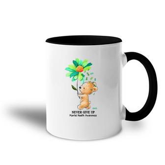 Never Give Up Mental Health Awareness Bear Holding Flower Green Ribbon Accent Mug | Mazezy