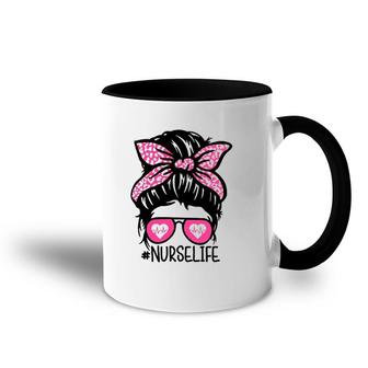 Nurse Life Gift Nurse Week Messy Bun Heartbeat Sunglasses Pink Bandana Accent Mug | Mazezy