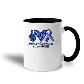 Peace Love Cure Blue & White Ribbon Als Awareness Month Accent Mug | Mazezy