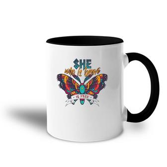 She Who Is Brave Is Free Funny Vintage Butterfly Color Accent Mug | Mazezy
