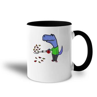 Smileteesall Funnyrex Dinosaur Using Leaf Blower Cartoon Accent Mug | Mazezy