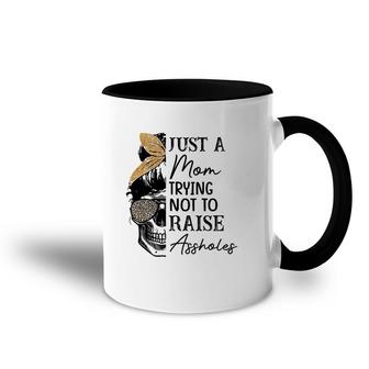 Womens Mom Leopard Just A Mom Trying Not To Raise Assholes Accent Mug | Mazezy