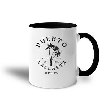 Womens Retro Cool Puerto Vallarta Original Mexico Beach Palm Tree V-Neck Accent Mug | Mazezy
