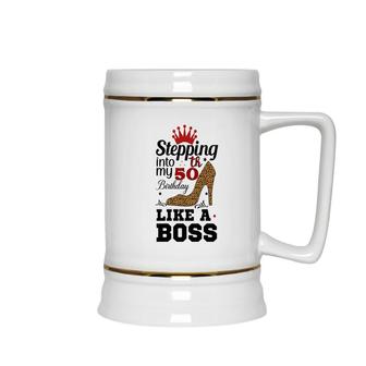 50Th Birthday Gift Stepping Into My 50Th Birthday Like A Boss Leopard Ceramic Beer Stein - Seseable