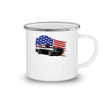 American Muscle Car With Flying American Flag For Car Lovers Camping Mug | Mazezy