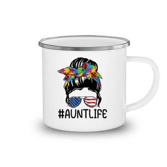 Aunt Life Autism Awareness Mother's Day Auntie Messy Bun Camping Mug | Mazezy