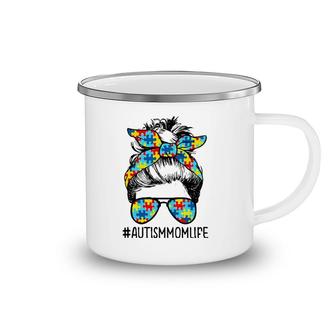 Autism Mom Life Messy Bun Sunglasses Bandana Mother's Day Camping Mug | Mazezy