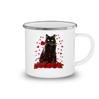 Black Cat Biting Rose Hearts Valentine's Day Animal Pet Camping Mug | Mazezy