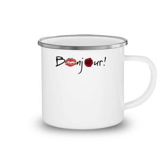 Bonjour Graphic With Lips And Rose Images Camping Mug | Mazezy